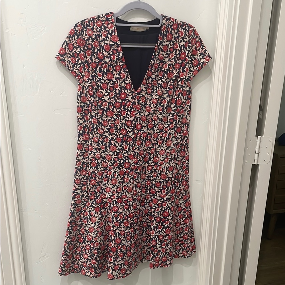 Tory Burch Red and Blue Floral Short Sleeve Dress